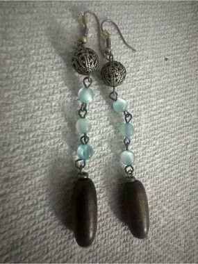 Handmade Aqua Bead and Wood Drop Earrings